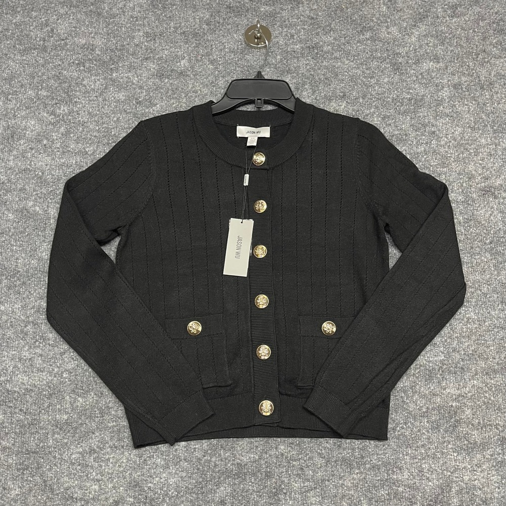Jason Wu Cardigan Sweater Womens Small Black Pointelle Knit Gold Crest Buttons